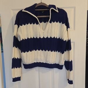 Lumiere Blue And White V-Neck Sweater Medium